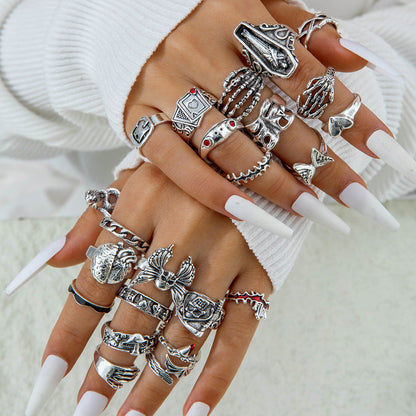 Vintage Geometric Ring Set With Black Stone