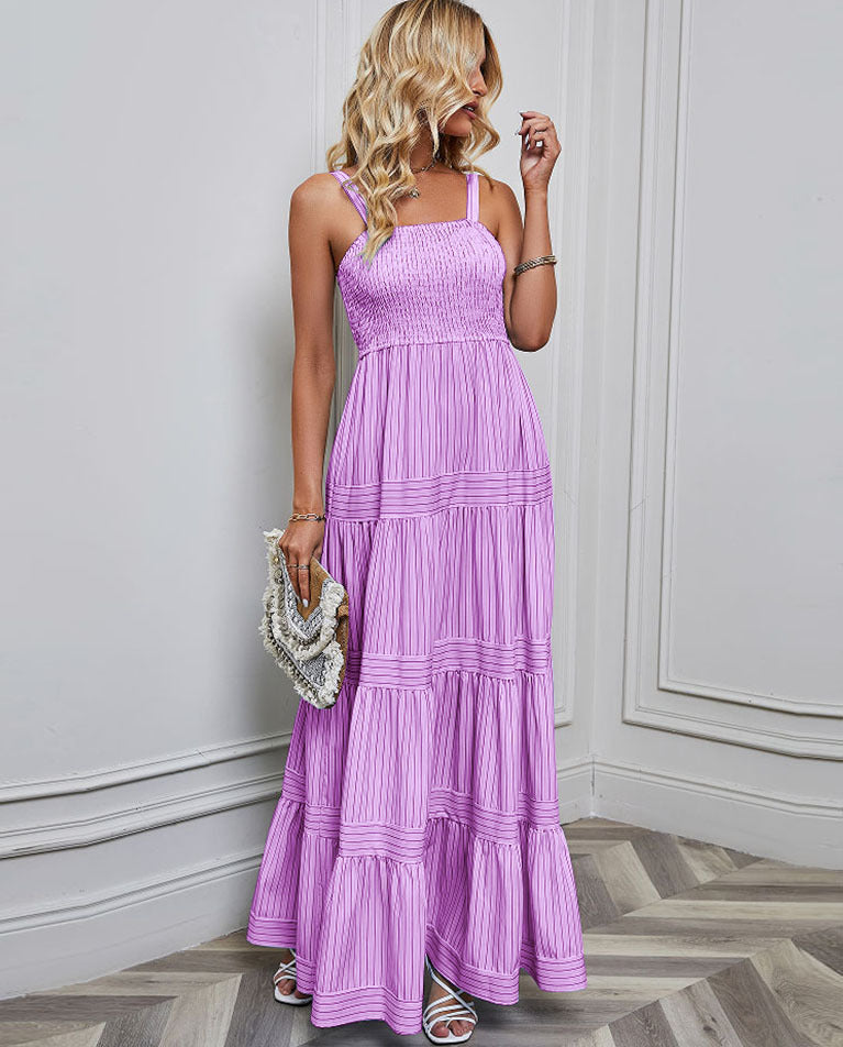 Solid Color Striped Spaghetti Long Dress
