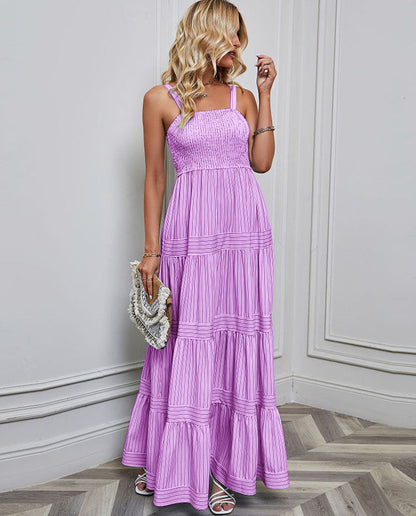 Solid Color Striped Spaghetti Long Dress