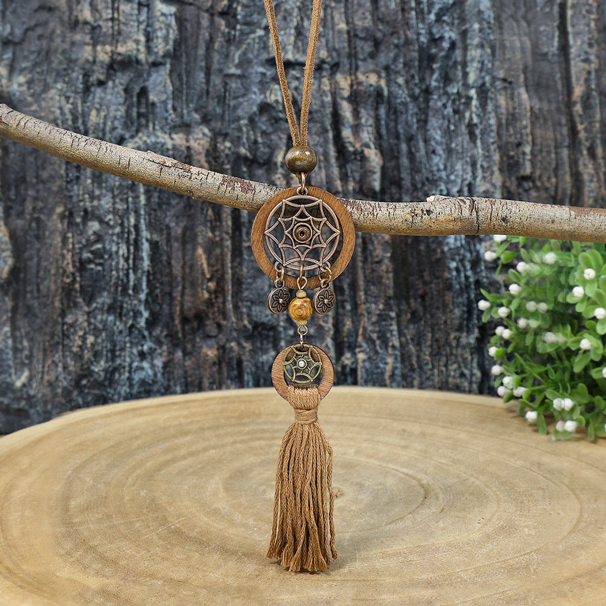 Bohemian Dreamcatcher Tassel Earrings and Wooden Necklace Set
