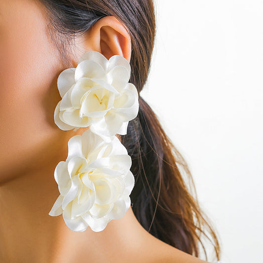 Floral Long Dangle Earrings With Rhinestones For Women