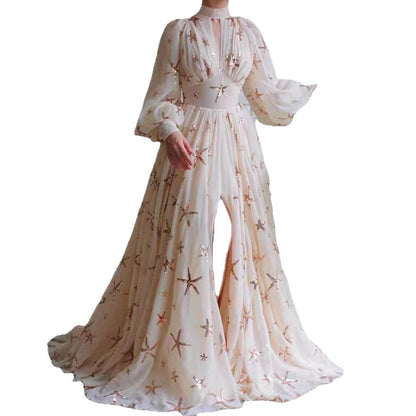 New Sequined Lantern Sleeve High-Low Chiffon Dress
