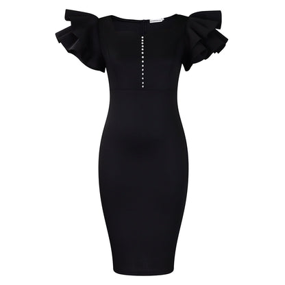 Elegant V-Neck Pearl Detail Bodycon Dress