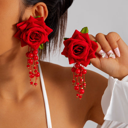 Colorful Pearl Flower Earrings Trendy Chic Fabric Design