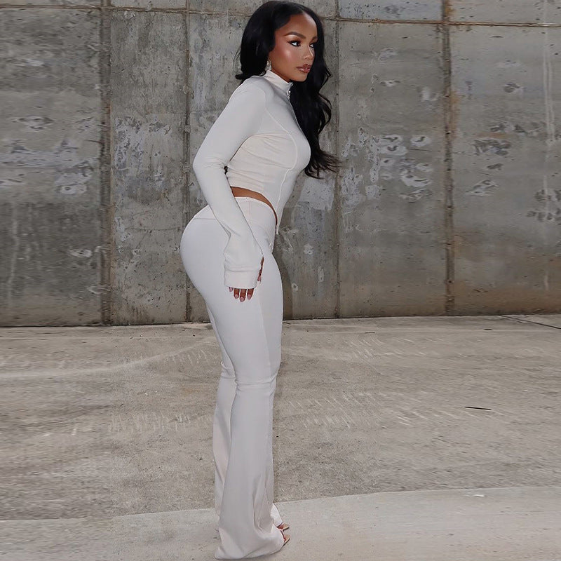 Fitted Cropped Top And Loose Fit Pants Set With Zipper