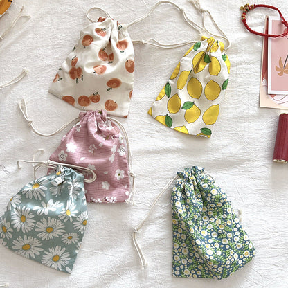 Mini Cotton Drawstring Makeup Pouch Cute Floral Travel Bag