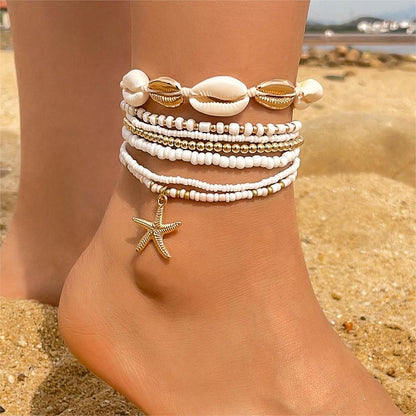 Bohemian Seashell Beaded Anklets Set With Starfish Elements