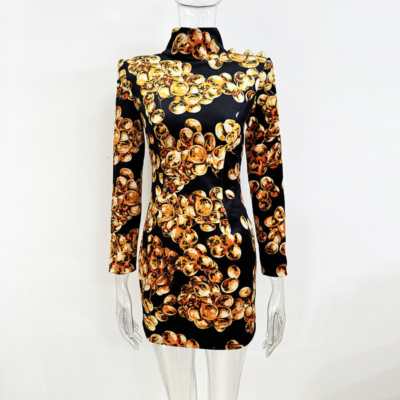 Grape Print Velvet Dress Stylish Casual Bodycon Long Sleeve