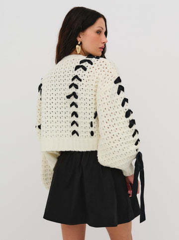 V-Neck String Tie Hollow Out Loose Cardigan