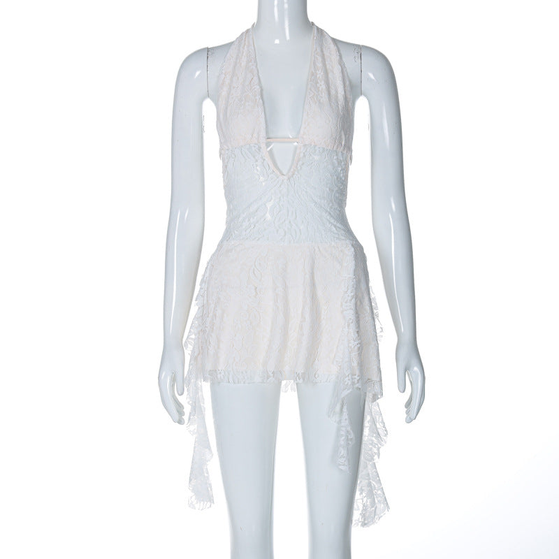 Sexy Lace Deep V Backless Mini Dress with Ribbons