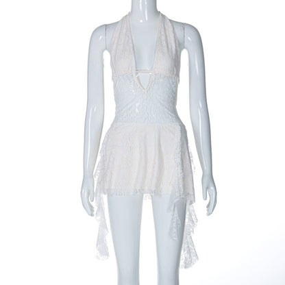 Sexy Lace Deep V Backless Mini Dress with Ribbons