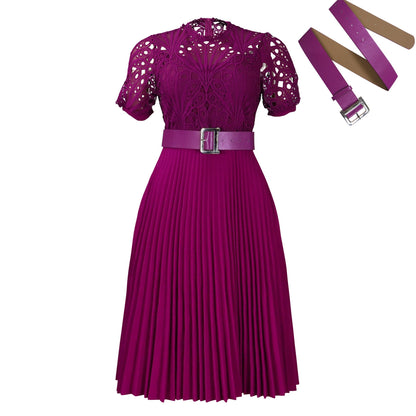 Elegant Lace Trim Short Sleeve A-Line Dress
