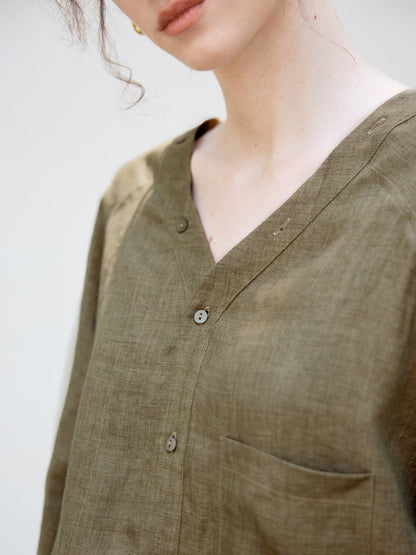 V-Neck Loose Linen Long Sleeve Shirt Stylish Retro Design