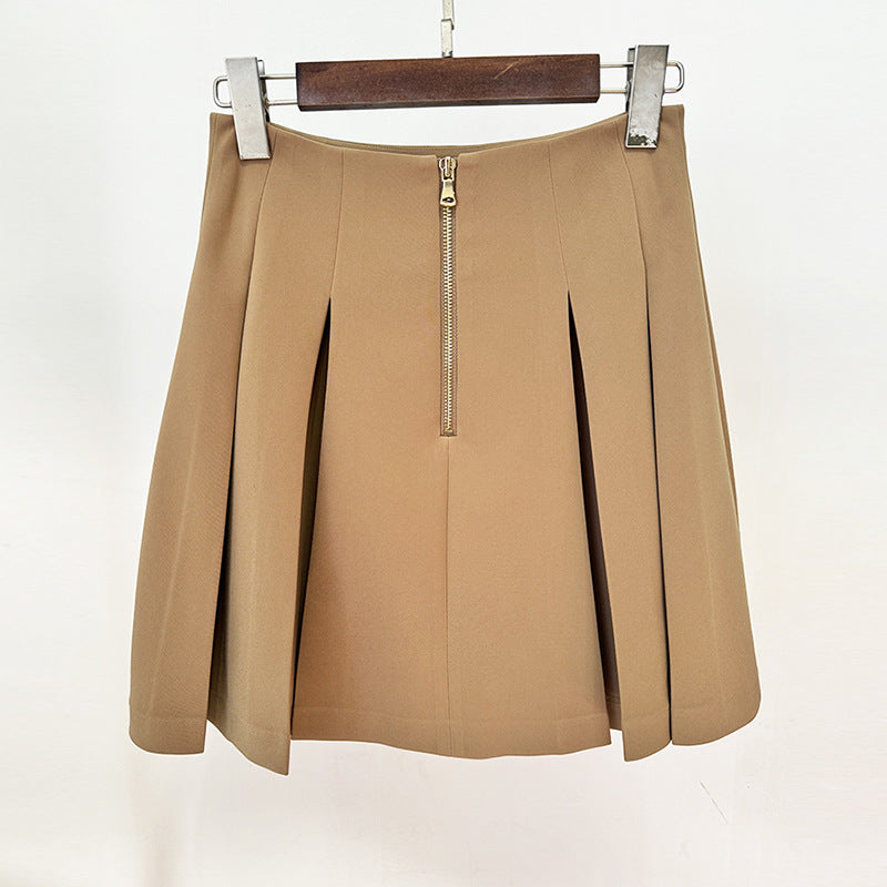 Pleated Mini Skirt With Metal Buckle Street Style