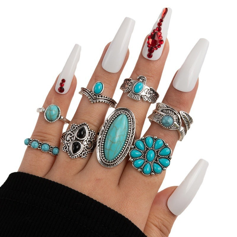 Bohemian Style Carved Feather Turquoise Ring Set