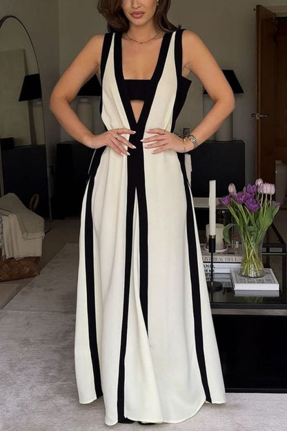 Casual Color Block Sleeveless Dress Polyester Elegant Style