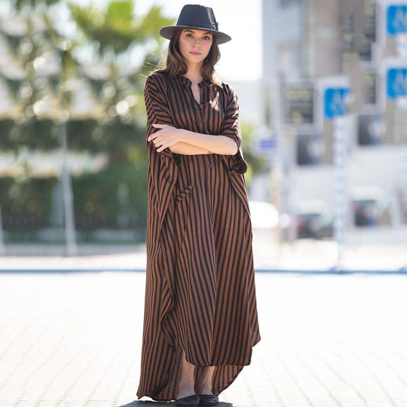 Four-Sided Elastic-Printed Beach Blouse Loose Pocket Single-Breasted Vacation Dress
