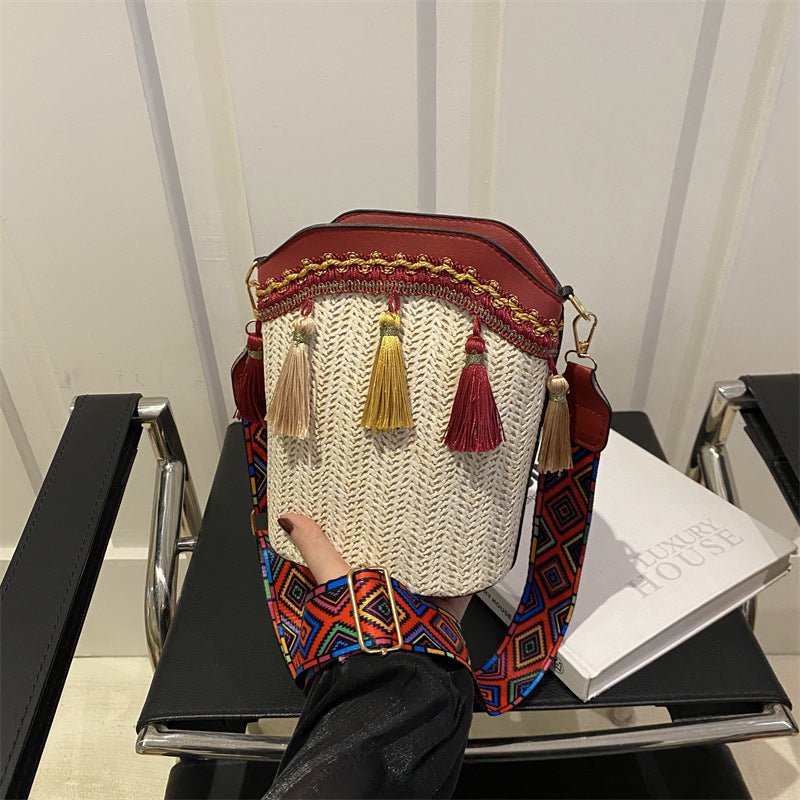 Ethnic Style Woven Bucket Bag Casual PU Crossbody Bag