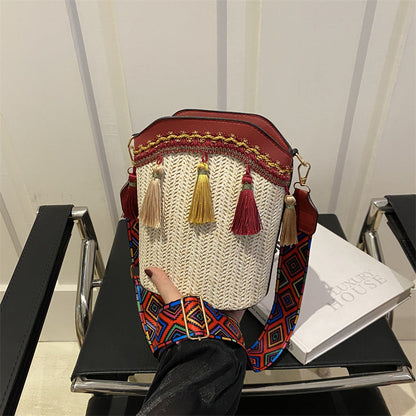 Ethnic Style Woven Bucket Bag Casual PU Crossbody Bag