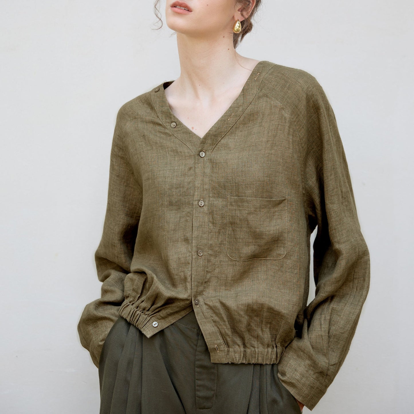 V-Neck Loose Linen Long Sleeve Shirt Stylish Retro Design