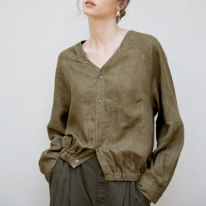 V-Neck Loose Linen Long Sleeve Shirt Stylish Retro Design
