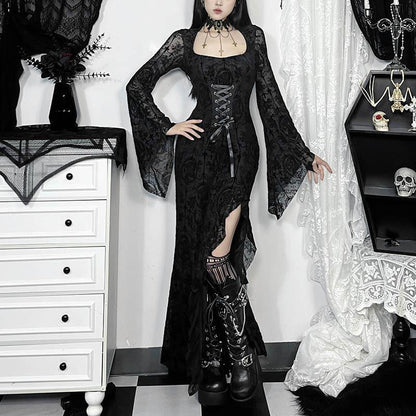 Elegant Black Velvet Long Sleeve Dress with Cross Design