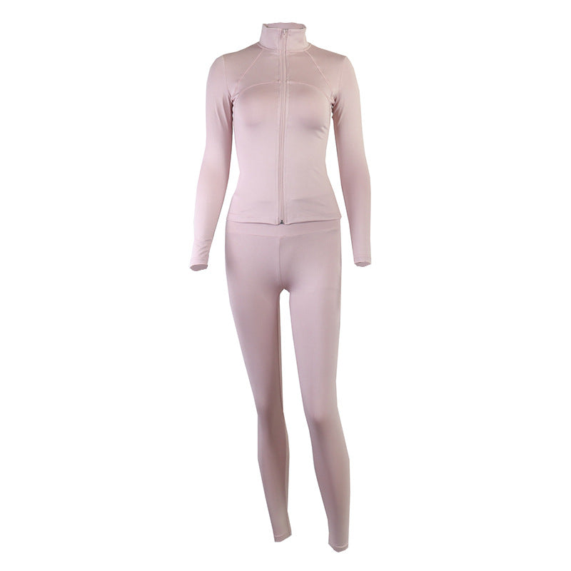 Solid Color Zip-Up Athletic Jacket With Long Pants Set