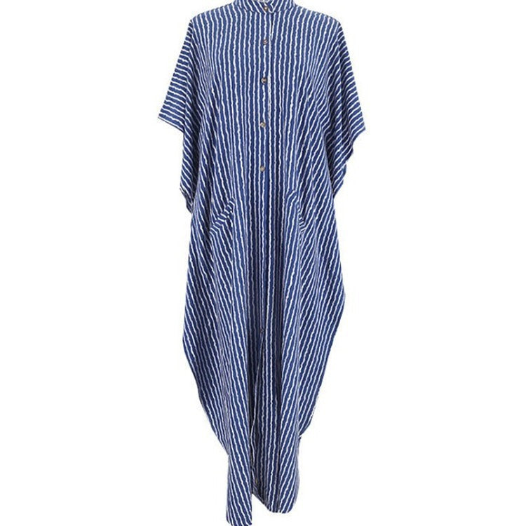 Four-Sided Elastic-Printed Beach Blouse Loose Pocket Single-Breasted Vacation Dress