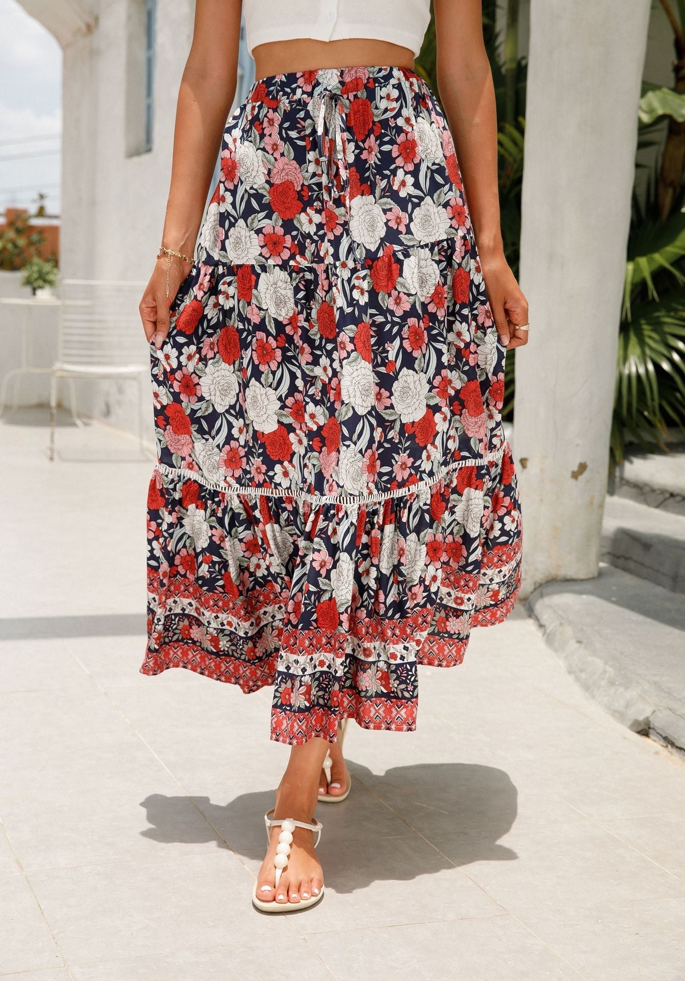 Lace-Paneled Maxi Skirt Man Cotton Bohemian Beach Resort-Inspired Skirt