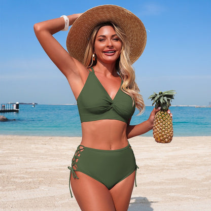 Women’S Two-Piece Bikini Set Solid Color Nylon Swimwear