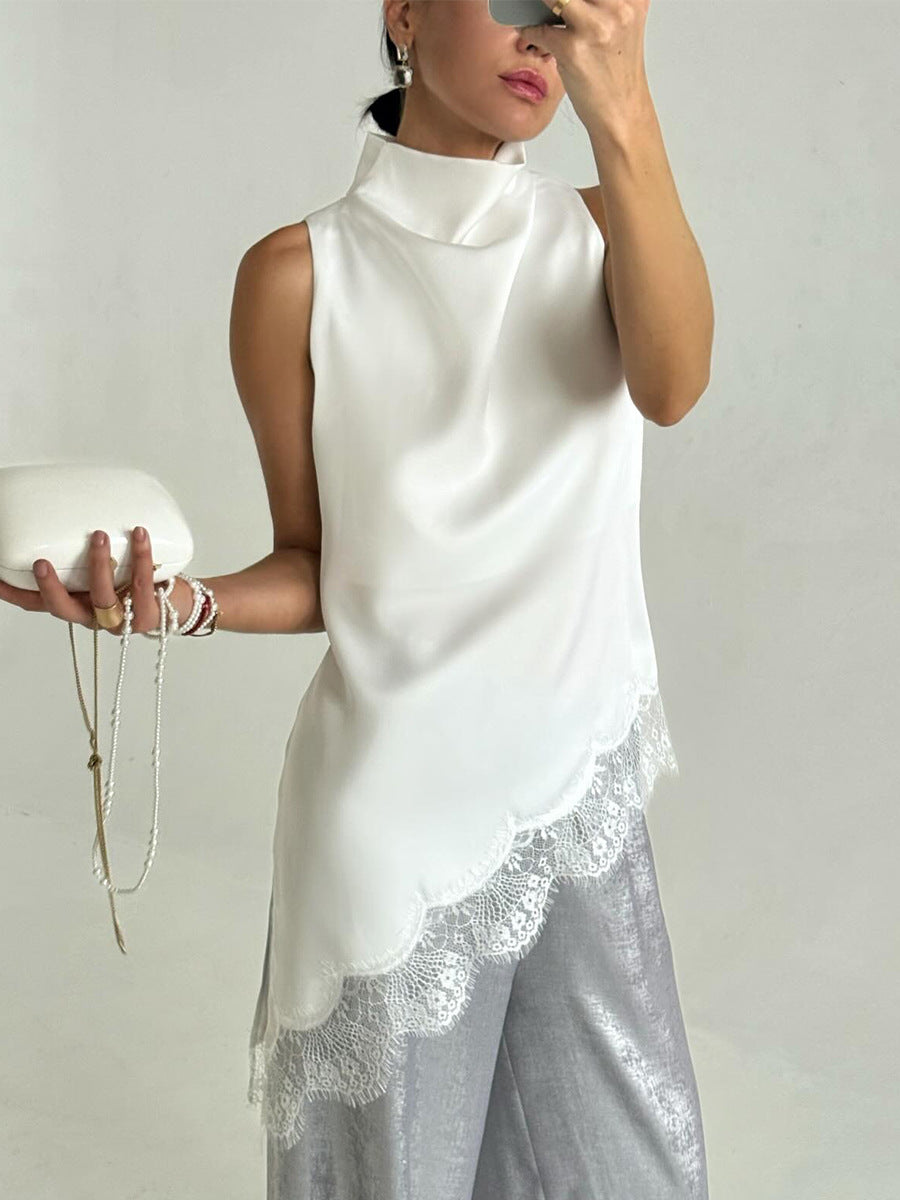 Lace Trim High Neck Sleeveless Top Elegant Satin Blouse