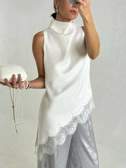 Lace Trim High Neck Sleeveless Top Elegant Satin Blouse