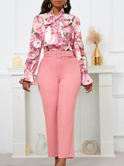 Fashion Floral Long Sleeve Top And High Waist Pants Set