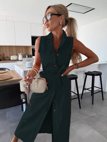 Casual Long Denim Dress With Belted Waist