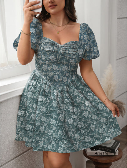 French Square Neck Dress Casual A-Line Dress in Sea Blue
