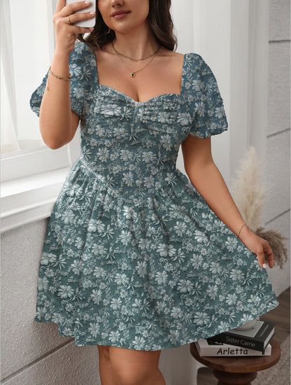 French Square Neck Dress Casual A-Line Dress In Sea Blue