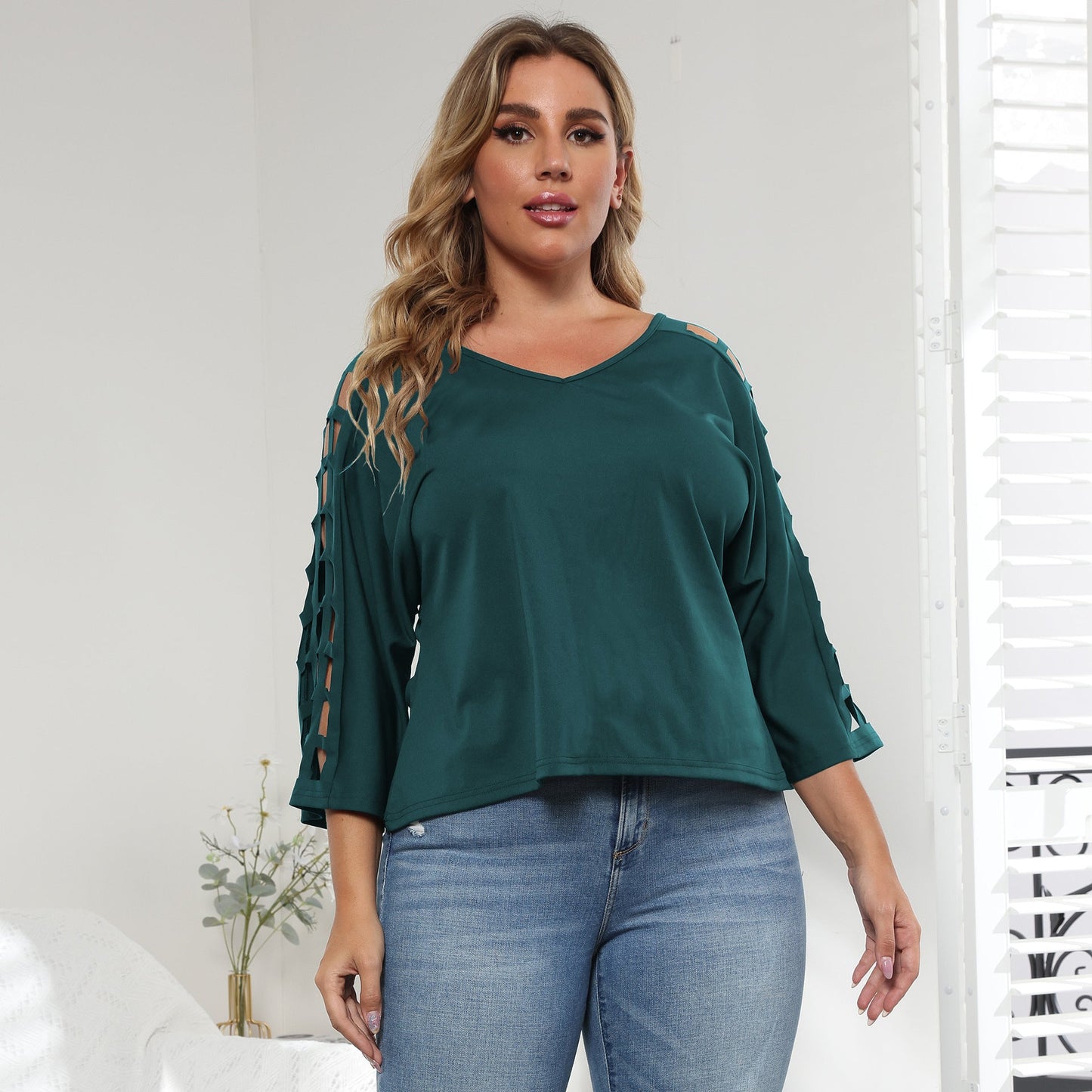 V-Neck Hollow Out Batwing Sleeve Plus Size Top