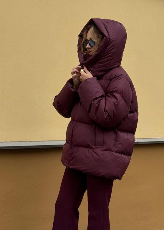 Hooded Puffer Jacket Quilted Burgundy Style