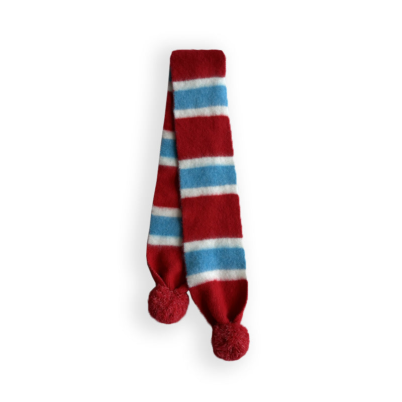 Striped Knit Scarf with Pom Poms for Women
