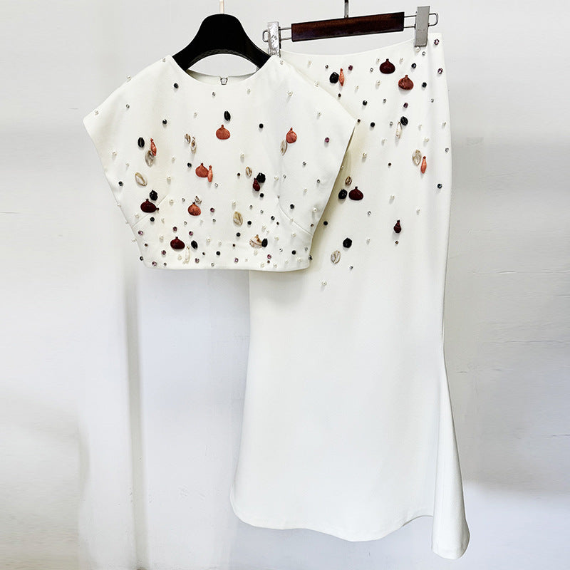Shell Embellished Top and Mermaid Skirt Set