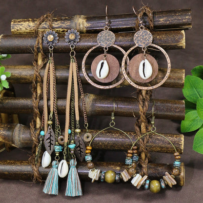 Bohemian Pearl Shell Long Tassel Earrings Geometric Circle Set