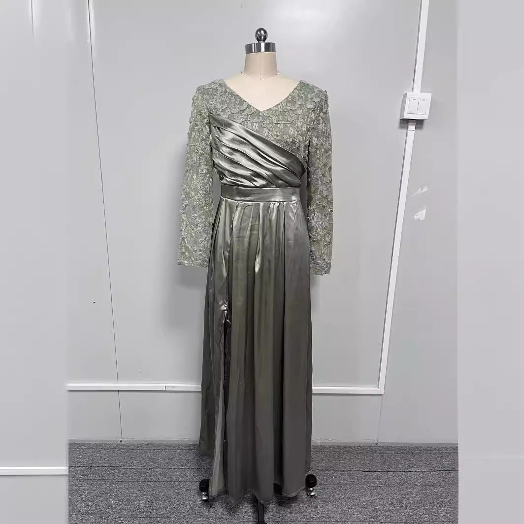 Lace A-Line Long Dress In Black And Dark Green