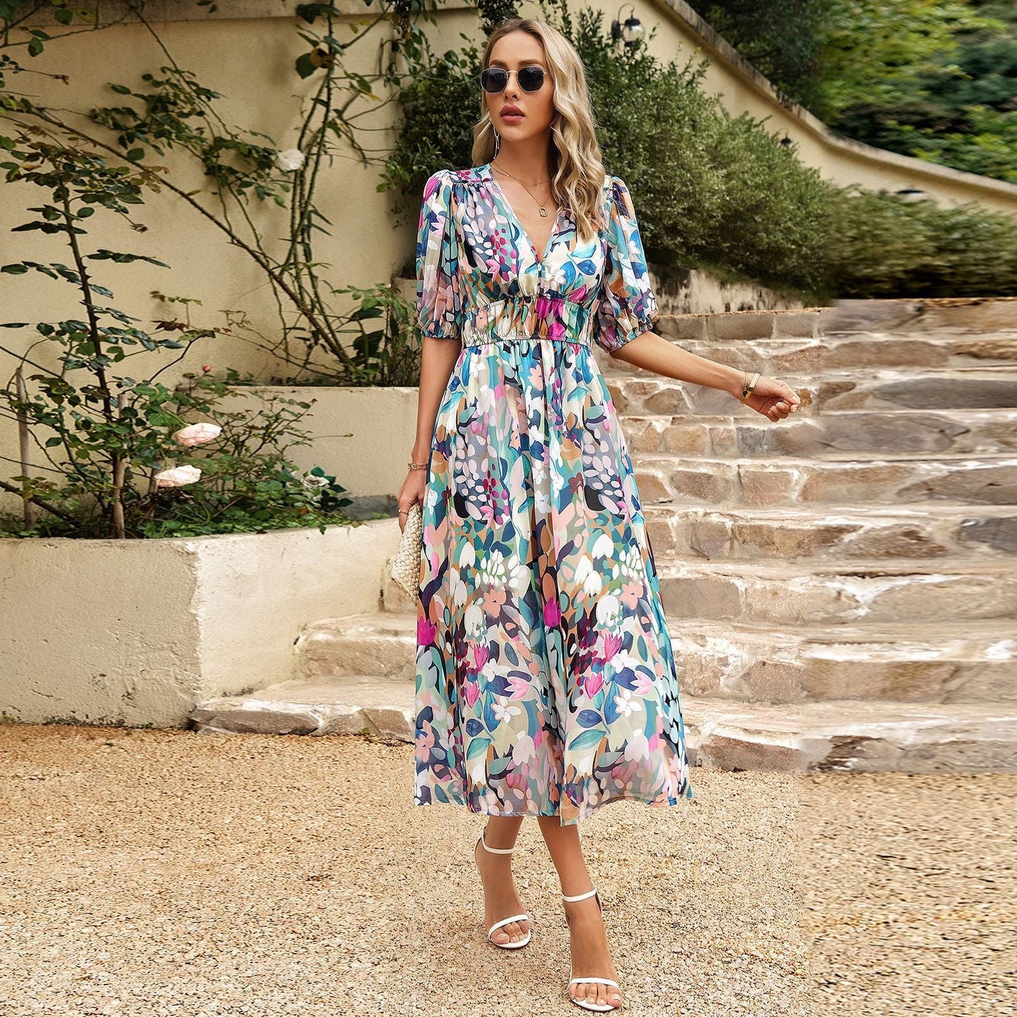 Elegant Floral Maxi Dress V-Neck Polyester Casual Wear