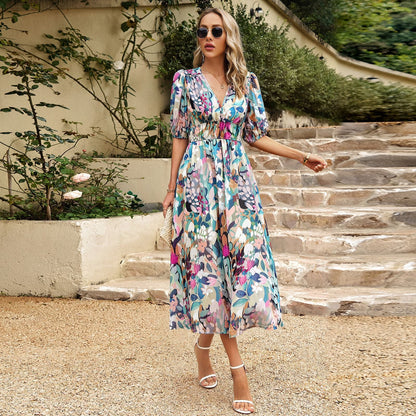 Elegant Floral Maxi Dress V-Neck Polyester Casual Wear