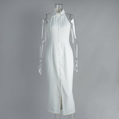 Simple Split Long Maxi Dress Sleeveless Collar Dress for Women