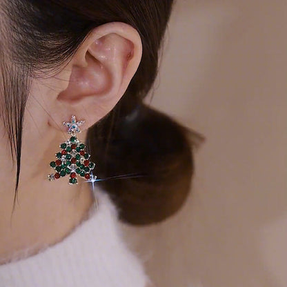 Colorful Rhinestone Christmas Tree Tassel Dangle Earrings