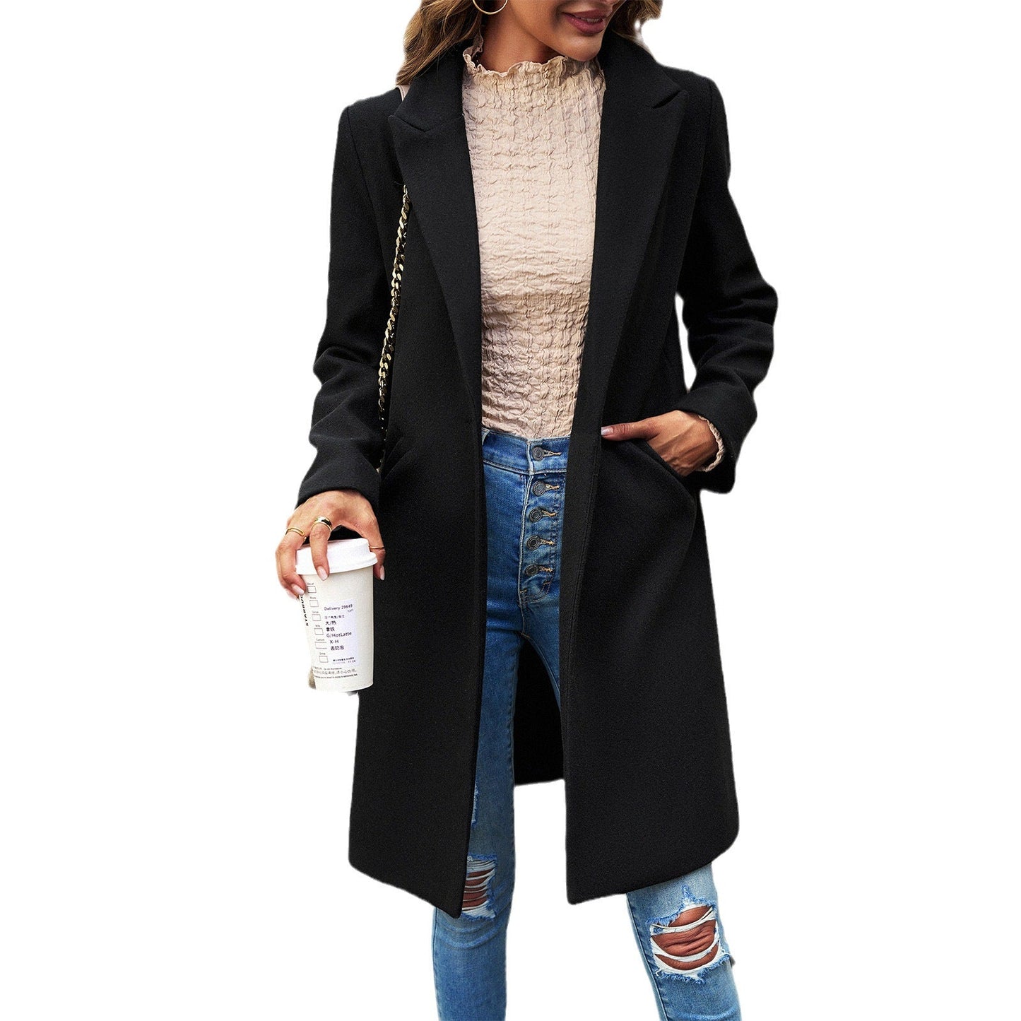 Elegant Casual Long Coat Solid Color Polyester Cardigan