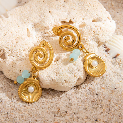Ocean-Inspired Pearl Shell Pendant Earrings 18K Gold Titanium Steel