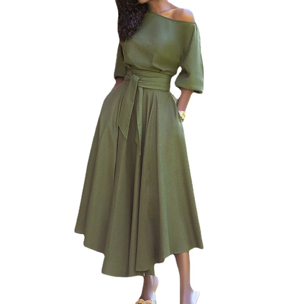 Slant Shoulder Maxi Dress With Tie Waist