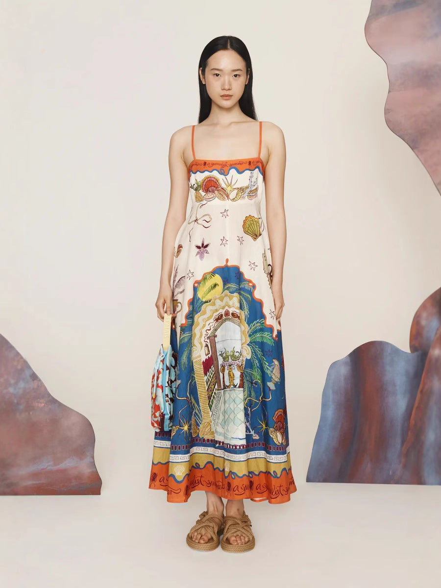 New Floral Print Linen A-Line Dress